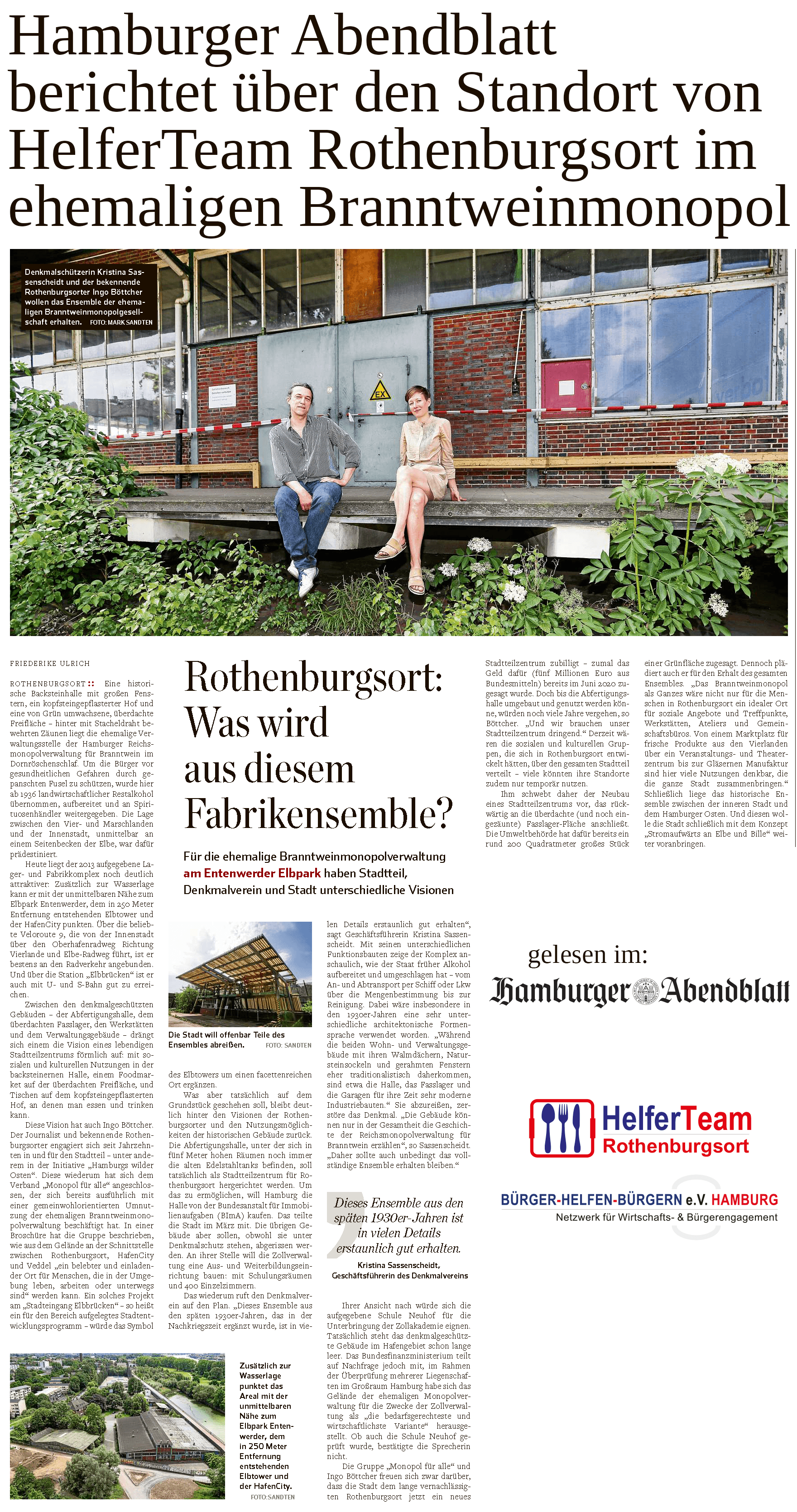 Hamburger Abendblatt berichtet über Standort von HelferTeam Rothenburgsort vom gemeinnützigen Trägerverein Bürger helfen Bürgern e.V. Hamburg